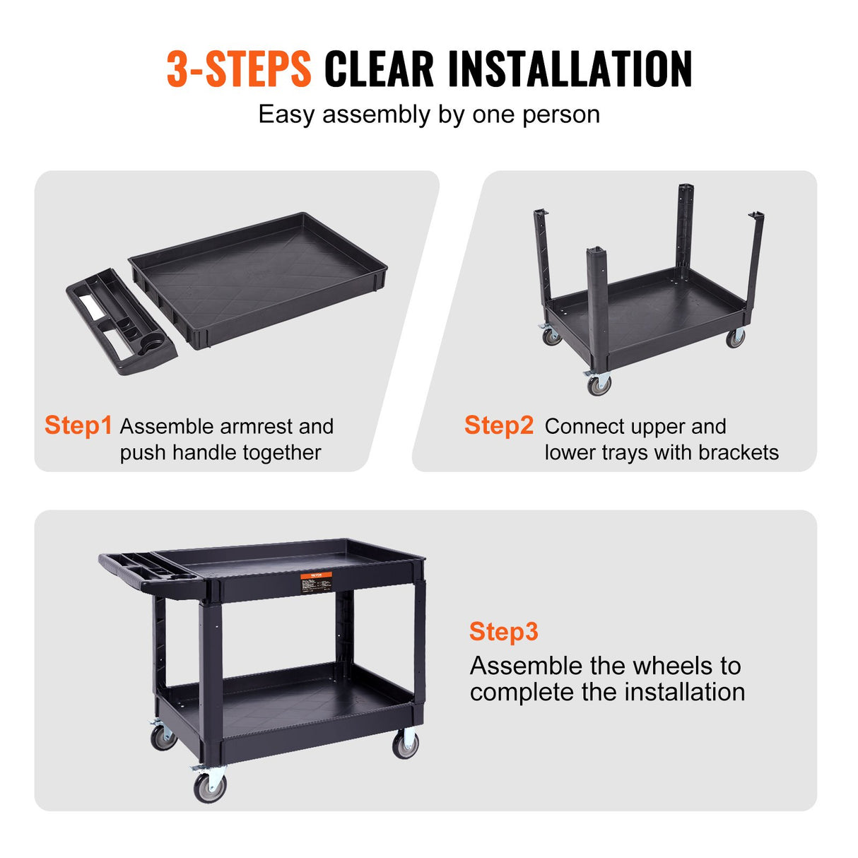 VEVOR Utility Service Cart 2 Shelf 550LBS Heavy Duty Plastic Rolling Utility Cart with 360° Swivel Wheels (2 with Brakes) Large Lipped Shelf Ergonomic Storage Handle for Warehouse/Garage/Cleaning