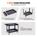 VEVOR Utility Service Cart 2 Shelf 550LBS Heavy Duty Plastic Rolling Utility Cart with 360° Swivel Wheels (2 with Brakes) Large Lipped Shelf Ergonomic Storage Handle for Warehouse/Garage/Cleaning - Rear View