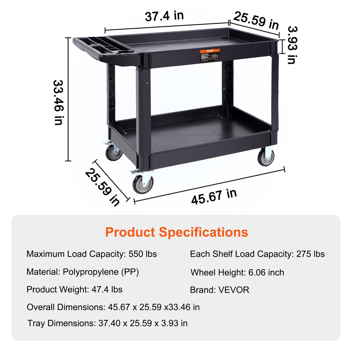 VEVOR Utility Service Cart 2 Shelf 550LBS Heavy Duty Plastic Rolling Utility Cart with 360° Swivel Wheels (2 with Brakes) Large Lipped Shelf Ergonomic Storage Handle for Warehouse/Garage/Cleaning