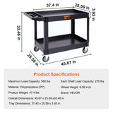 VEVOR Utility Service Cart 2 Shelf 550LBS Heavy Duty Plastic Rolling Utility Cart with 360° Swivel Wheels (2 with Brakes) Large Lipped Shelf Ergonomic Storage Handle for Warehouse/Garage/Cleaning - Close-Up Angle