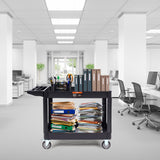 VEVOR Utility Service Cart 2 Shelf 550LBS Heavy Duty Plastic Rolling Utility Cart with 360° Swivel Wheels (2 with Brakes) Large Lipped Shelf Ergonomic Storage Handle for Warehouse/Garage/Cleaning - Low Angle