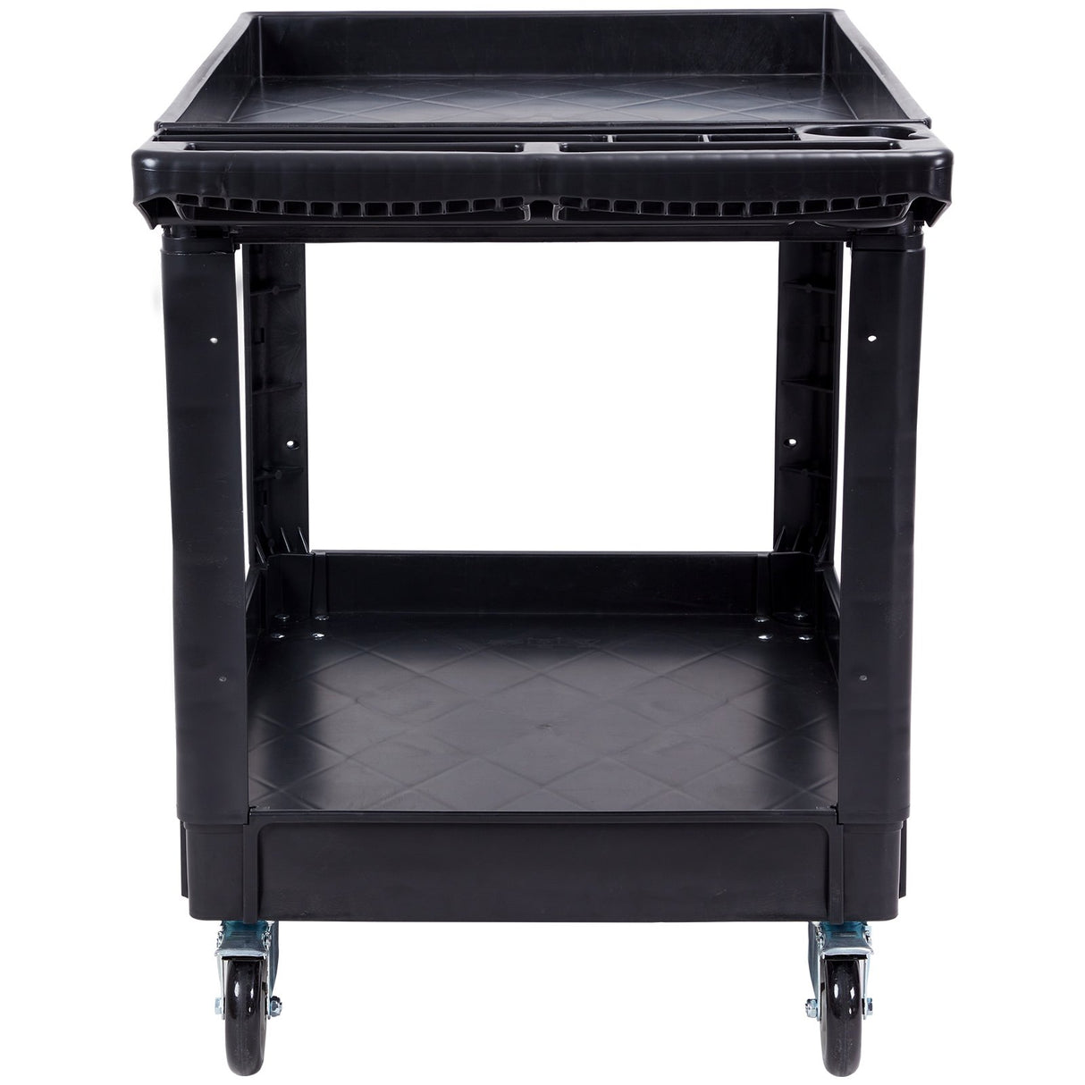 VEVOR Utility Service Cart 2 Shelf 550LBS Heavy Duty Plastic Rolling Utility Cart with 360° Swivel Wheels (2 with Brakes) Large Lipped Shelf Ergonomic Storage Handle for Warehouse/Garage/Cleaning