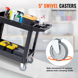 VEVOR Utility Service Cart 2 Shelf 550LBS Heavy Duty Plastic Rolling Utility Cart with 360° Swivel Wheels Medium Lipped Shelf Ergonomic Storage Handle for Warehouse/Garage/Cleaning/Office - Side View