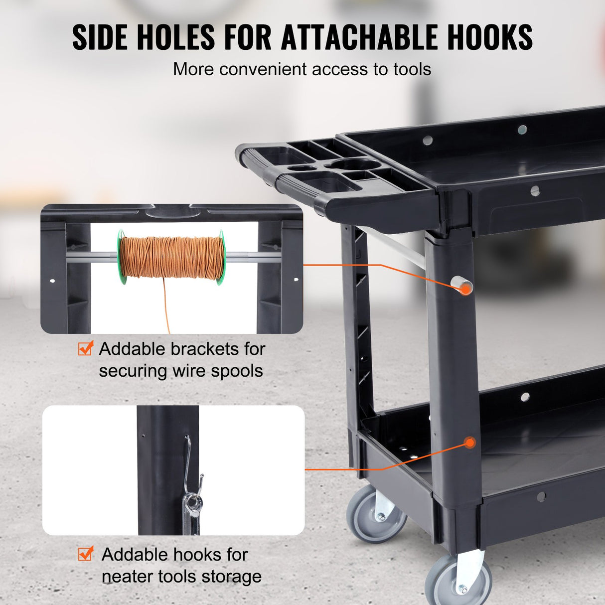 VEVOR Utility Service Cart 2 Shelf 550LBS Heavy Duty Plastic Rolling Utility Cart with 360° Swivel Wheels Medium Lipped Shelf Ergonomic Storage Handle for Warehouse/Garage/Cleaning/Office