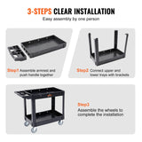 VEVOR Utility Service Cart 2 Shelf 550LBS Heavy Duty Plastic Rolling Utility Cart with 360° Swivel Wheels Medium Lipped Shelf Ergonomic Storage Handle for Warehouse/Garage/Cleaning/Office - Rear View