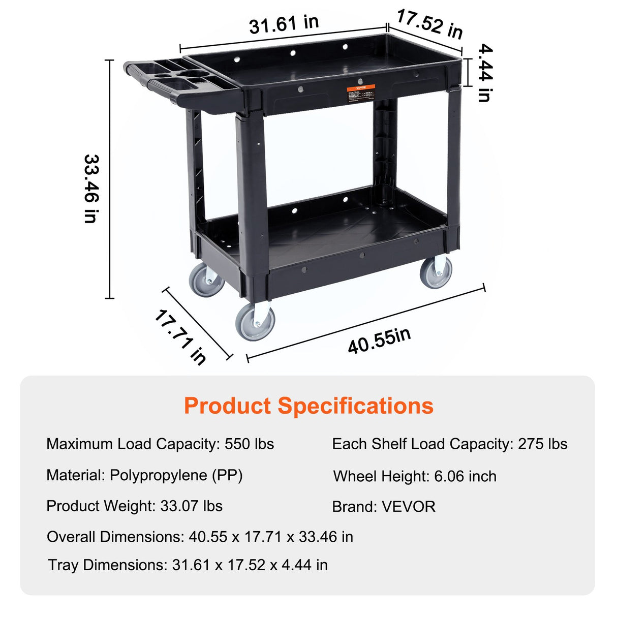 VEVOR Utility Service Cart, 2 Shelf 550LBS Heavy Duty Plastic Rolling Utility Cart with 360? Swivel Wheels, Medium Lipped Shelf, Ergonomic Storage
