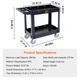 VEVOR Utility Service Cart 2 Shelf 550LBS Heavy Duty Plastic Rolling Utility Cart with 360° Swivel Wheels Medium Lipped Shelf Ergonomic Storage Handle for Warehouse/Garage/Cleaning/Office - Close-Up Angle