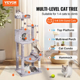 VEVOR Cat Tree 143 cm Cat Tower with Cat Condo Sisal Scratching Post Light Grey - Front View
