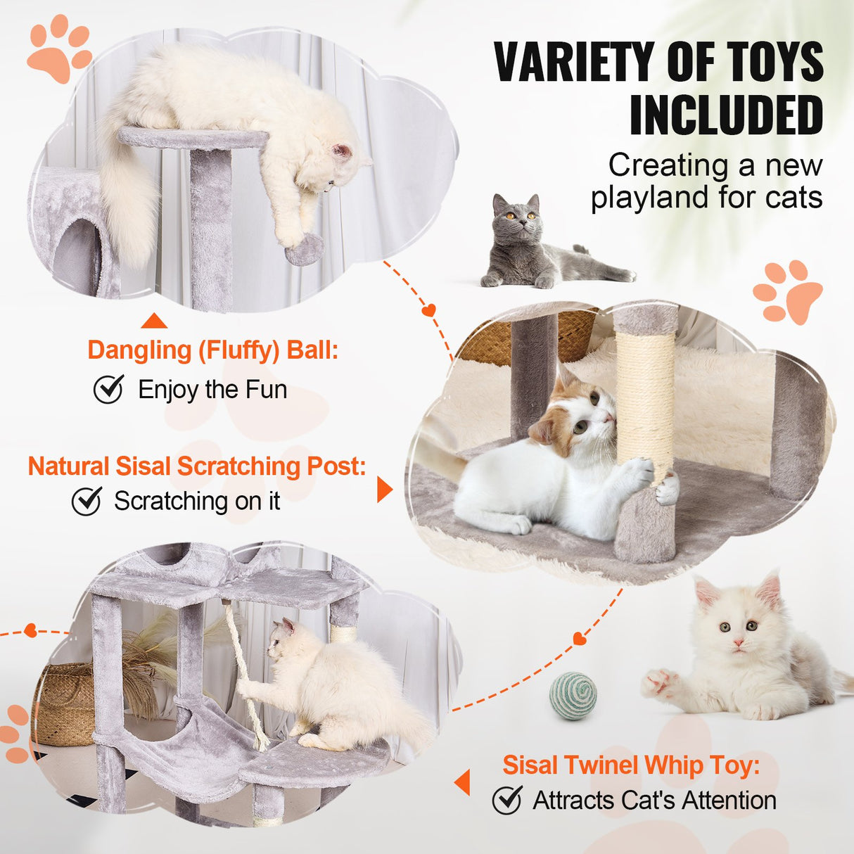 VEVOR Cat Tree 143 cm Cat Tower with Cat Condo Sisal Scratching Post Light Grey