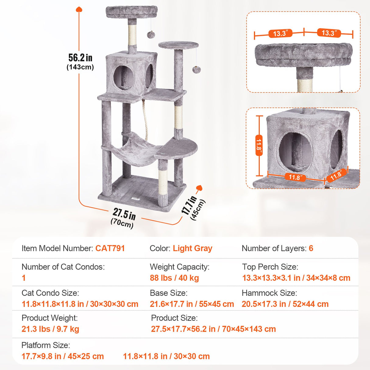 VEVOR Cat Tree 143 cm Cat Tower with Cat Condo Sisal Scratching Post Light Grey