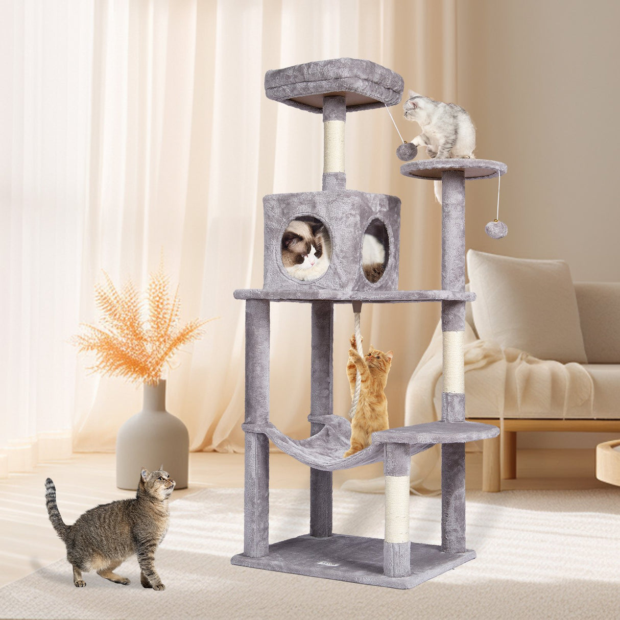 VEVOR Cat Tree 143 cm Cat Tower with Cat Condo Sisal Scratching Post Light Grey