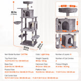 VEVOR Cat Tree 174 cm Cat Tower with Cat Condos Sisal Scratching Post Light Grey - Close-Up Angle