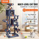 VEVOR Cat Tree 174 cm Cat Tower with Cat Condos Sisal Scratching Post Dark Grey - Front View
