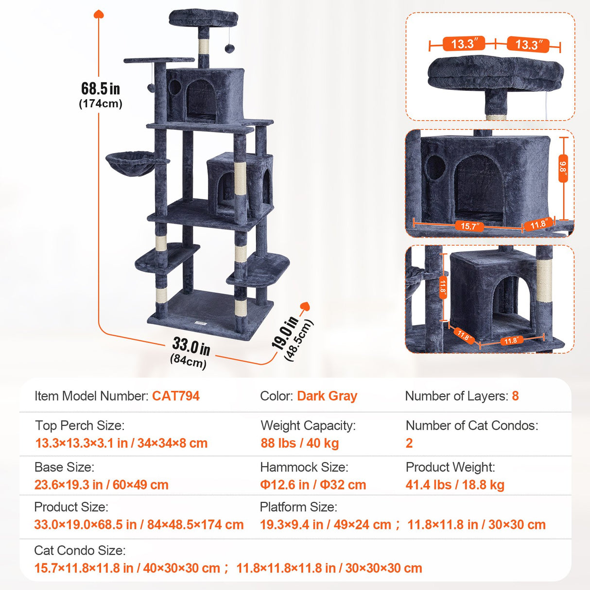 VEVOR Cat Tree 174 cm Cat Tower with Cat Condos Sisal Scratching Post Dark Grey