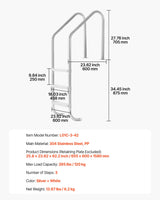 VEVOR Stainless Steel Pool Ladder 3-Step & 2 Handrails for 1219.2-1371.6 mm Pool - Close-Up Angle