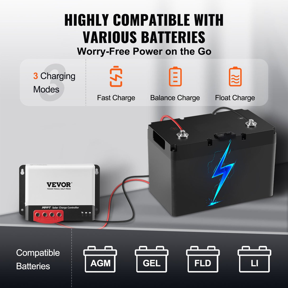 VEVOR 50A MPPT Solar Charge Controller, Auto DC Input, Solar Panel Regulator Charger with Bluetooth Module, 98% Charging Efficiency for Sealed(AGM), Gel, Flooded and Lithium Battery Charging