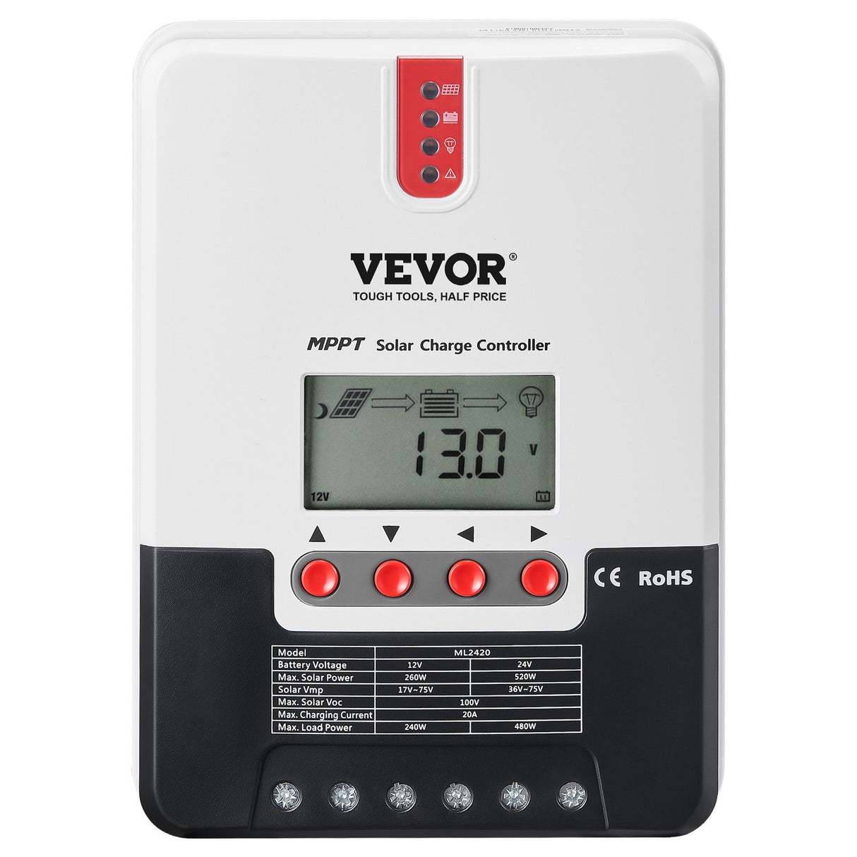 VEVOR 20A MPPT Solar Charge Controller, Auto DC Input, Solar Panel Regulator Charger with LCD Display Temperature Sensor Cable, for Sealed(AGM), Gel,