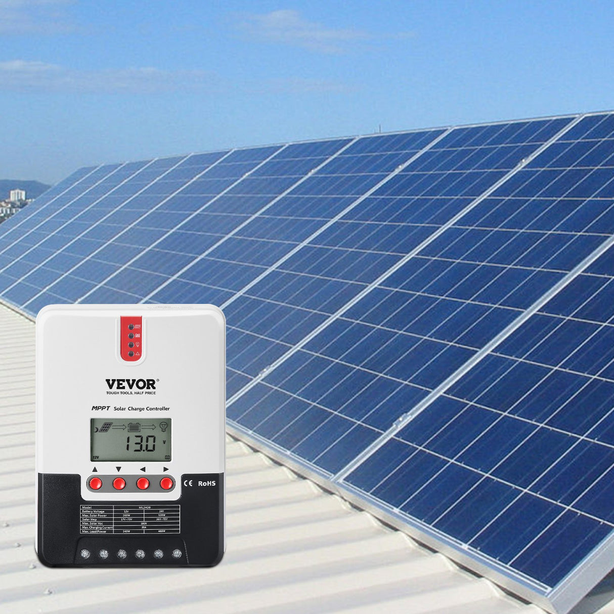 VEVOR 20A MPPT Solar Charge Controller, Auto DC Input, Solar Panel Regulator Charger with LCD Display Temperature Sensor Cable, for Sealed(AGM), Gel,