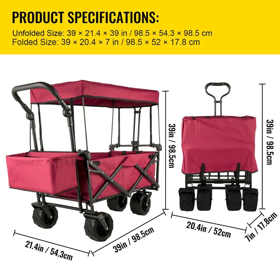 Folding Wagon Cart, Collapsible Folding Garden Cart w/ Shade Beach Utility