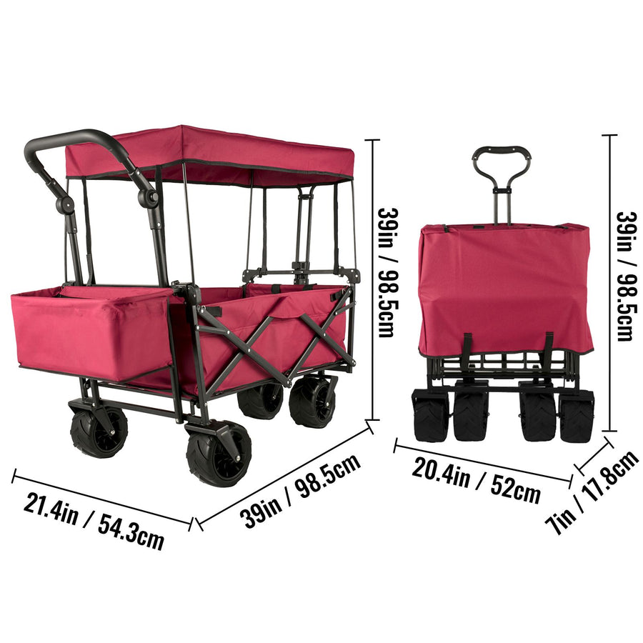 Folding Wagon Cart, Collapsible Folding Garden Cart w/ Shade Beach Utility