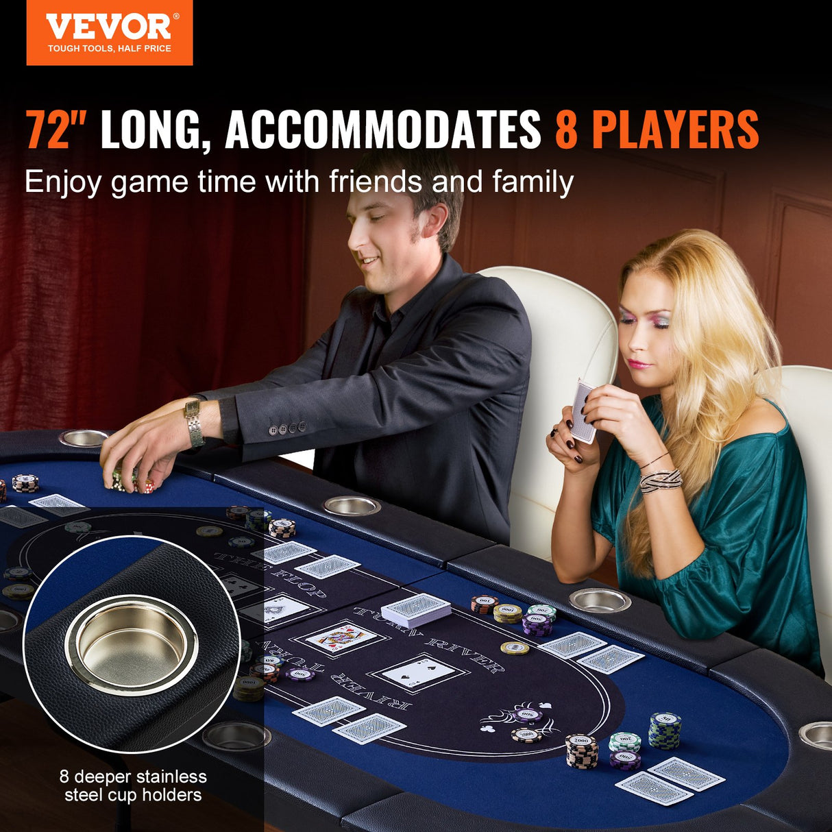 VEVOR 8 Player Foldable Poker Table, Blackjack Texas Holdem Poker Table with Padded Rails and Stainless Steel Cup Holders, Portable Folding Card Board