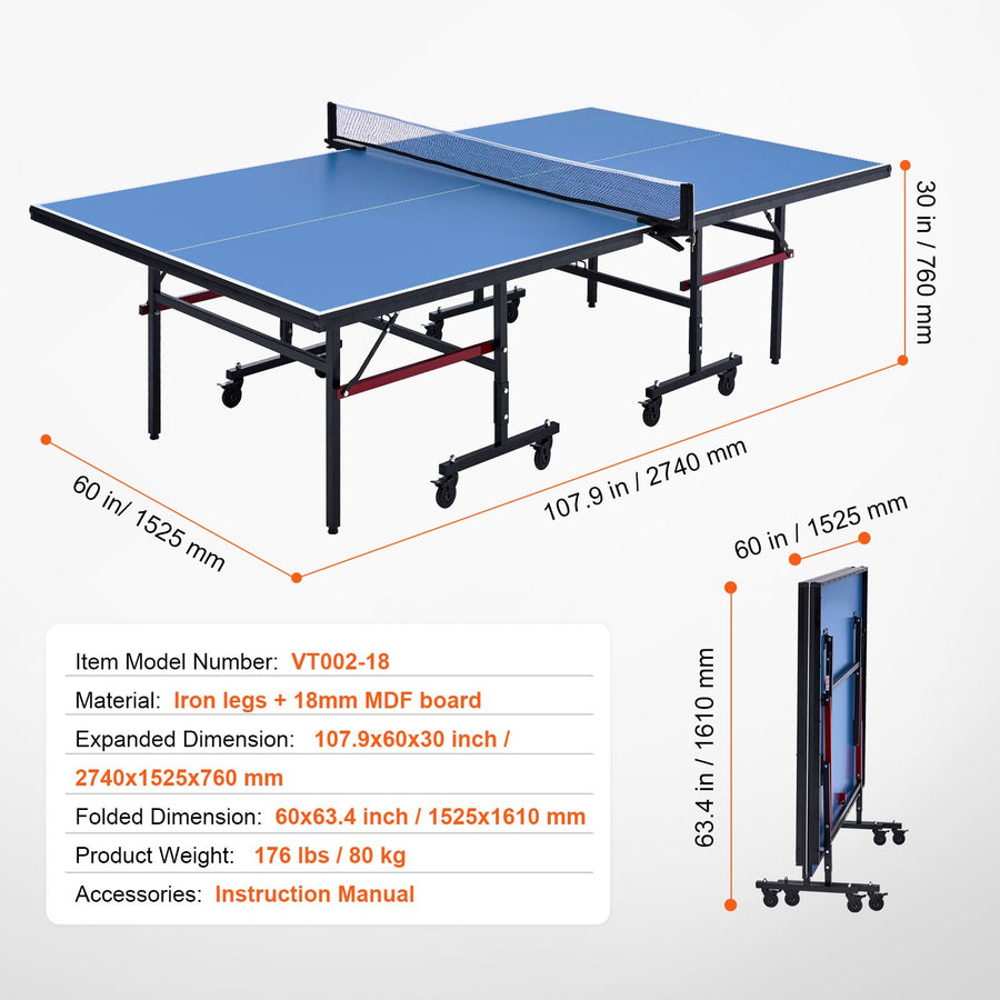 Ping Pong Table, Professional Table Tennis Game, Indoor MDF Portable Table Tennis Table, Foldable Ping Pong Table with Quick Clamp Net and Lockable Wheels, 10 Minute Easy Assembly, 18mm Tabletops