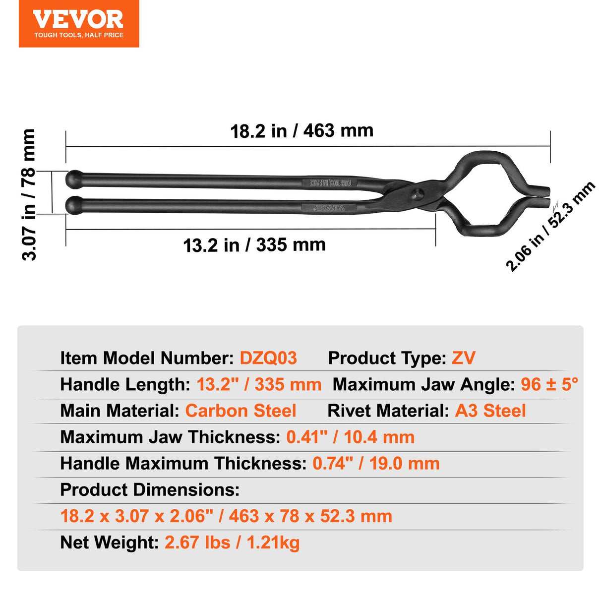 VEVOR Blacksmith Tongs, 463mm Z V-Bit Tongs, Carbon Steel Forge Tongs with A3 Steel Rivets, for Knife Blades, Long Pieces, Circular Forgings, for