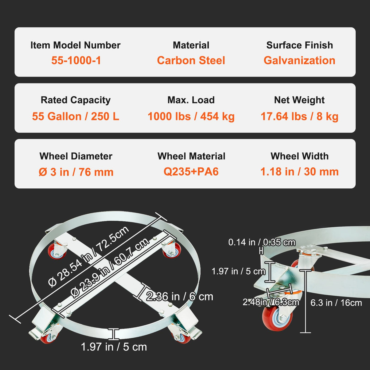 VEVOR 250 L Heavy Duty Drum Dolly, 454 kg Load Capacity, Barrel Dolly Cart Drum Caddy, Non Tipping Hand Truck Capacity Dollies with Steel Frame 4 Swivel Casters Wheel, for Warehouse Drum Handling