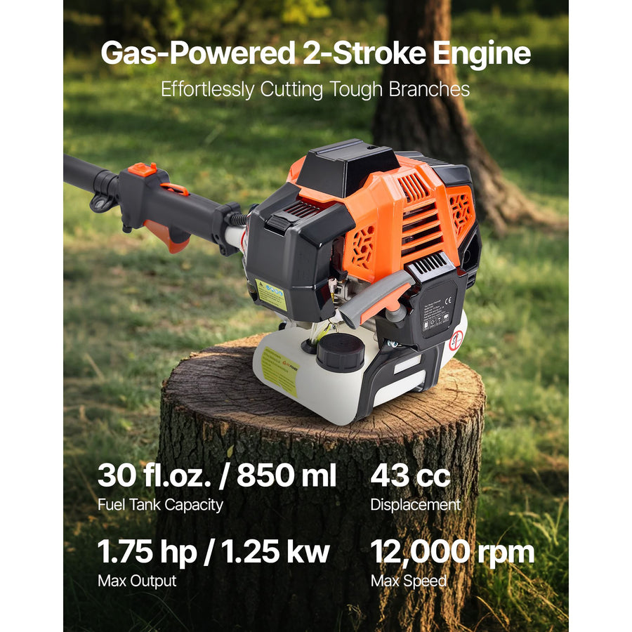 Gas Pole Saw, 43CC 2 Stroke Gas Powered Pole Saws with 25.4 cm Cutting Bar, Cordless Tree Trimmer with Rotatable Head, 2.1 to 3.6 m Extendable, Powerful Chainsaw for Tree Trimming Pruning