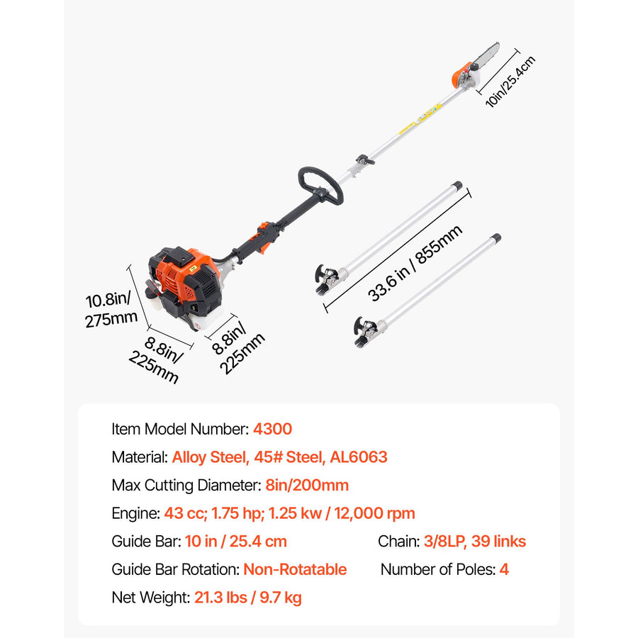 Gas Pole Saw, 43CC 2 Stroke Gas Powered Pole Saws with 25.4 cm Cutting Bar, Cordless Tree Trimmer with Rotatable Head, 2.1 to 3.6 m Extendable, Powerful Chainsaw for Tree Trimming Pruning