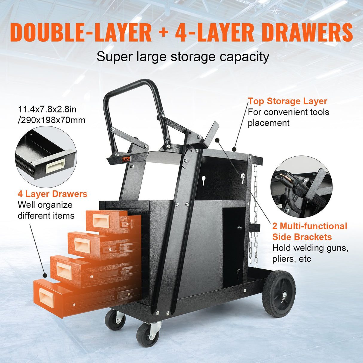 VEVOR Welding Cart, 2-Tier 4 Drawers Welder Cart with 265 LBS Weight Capacity, Swivel Wheels, Tank Storage Safety Chains, Heavy Duty Rolling MIG