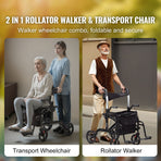 2 in 1 Rollator Walker & Transport Chair for Seniors, Folding Rolling Walker Wheelchair Combo & Footrests, Lightweight Aluminum Mobility Walker with Adjustable Handle, All Terrain Wheels, 136KG