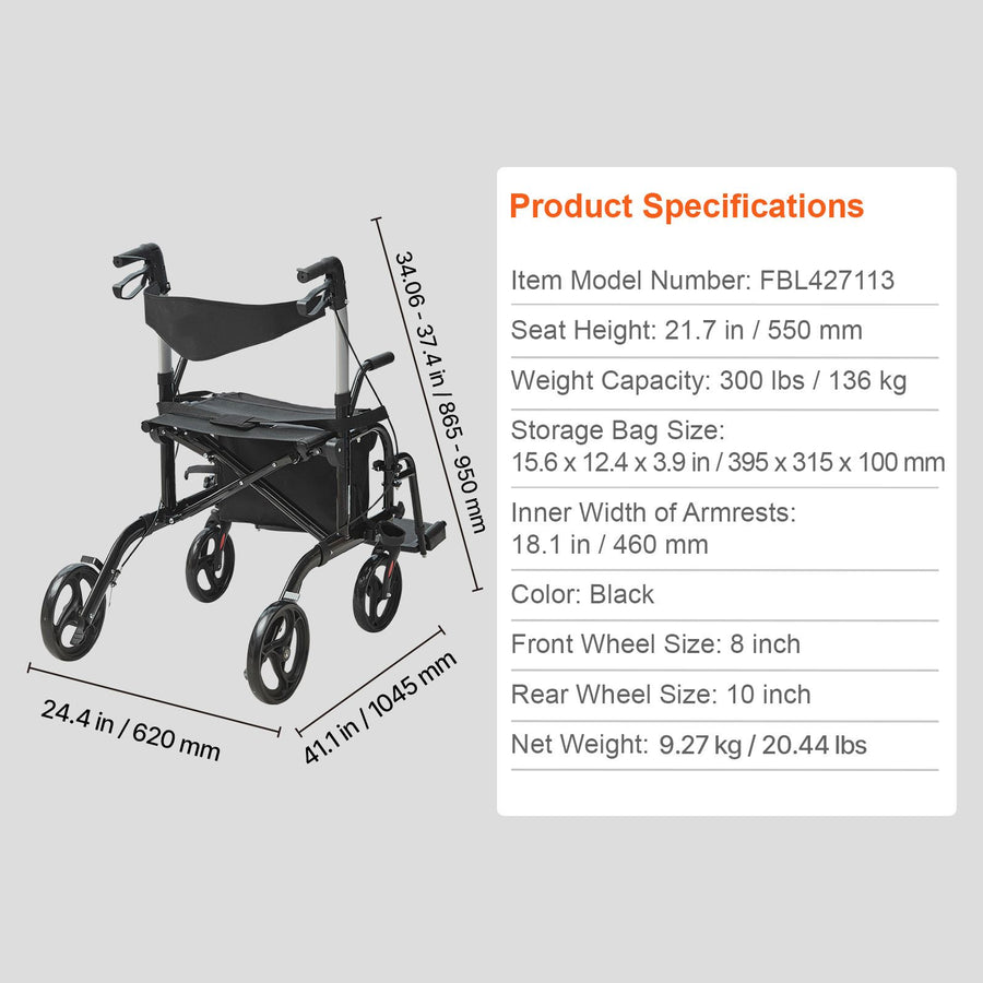 2 in 1 Rollator Walker & Transport Chair for Seniors, Folding Rolling Walker Wheelchair Combo & Footrests, Lightweight Aluminum Mobility Walker with Adjustable Handle, All Terrain Wheels, 136KG