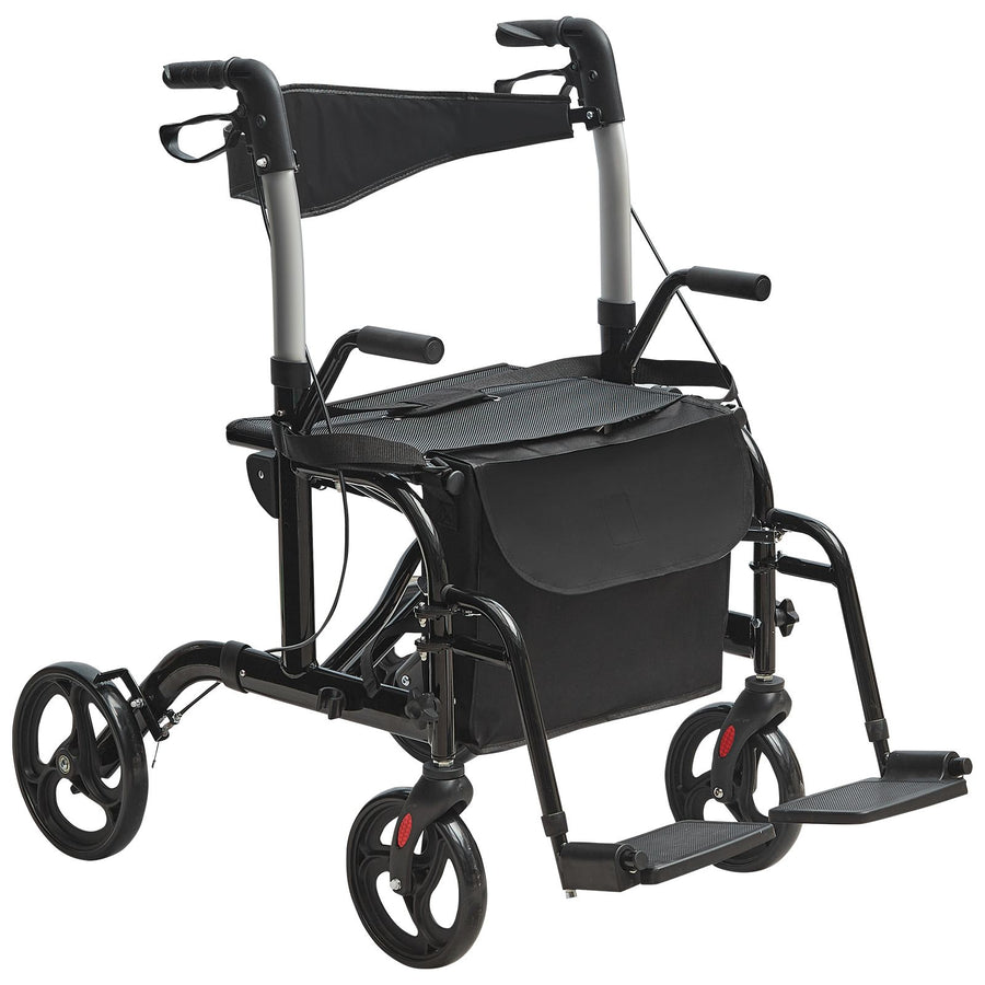 2 in 1 Rollator Walker & Transport Chair for Seniors, Folding Rolling Walker Wheelchair Combo & Footrests, Lightweight Aluminum Mobility Walker with Adjustable Handle, All Terrain Wheels, 136KG