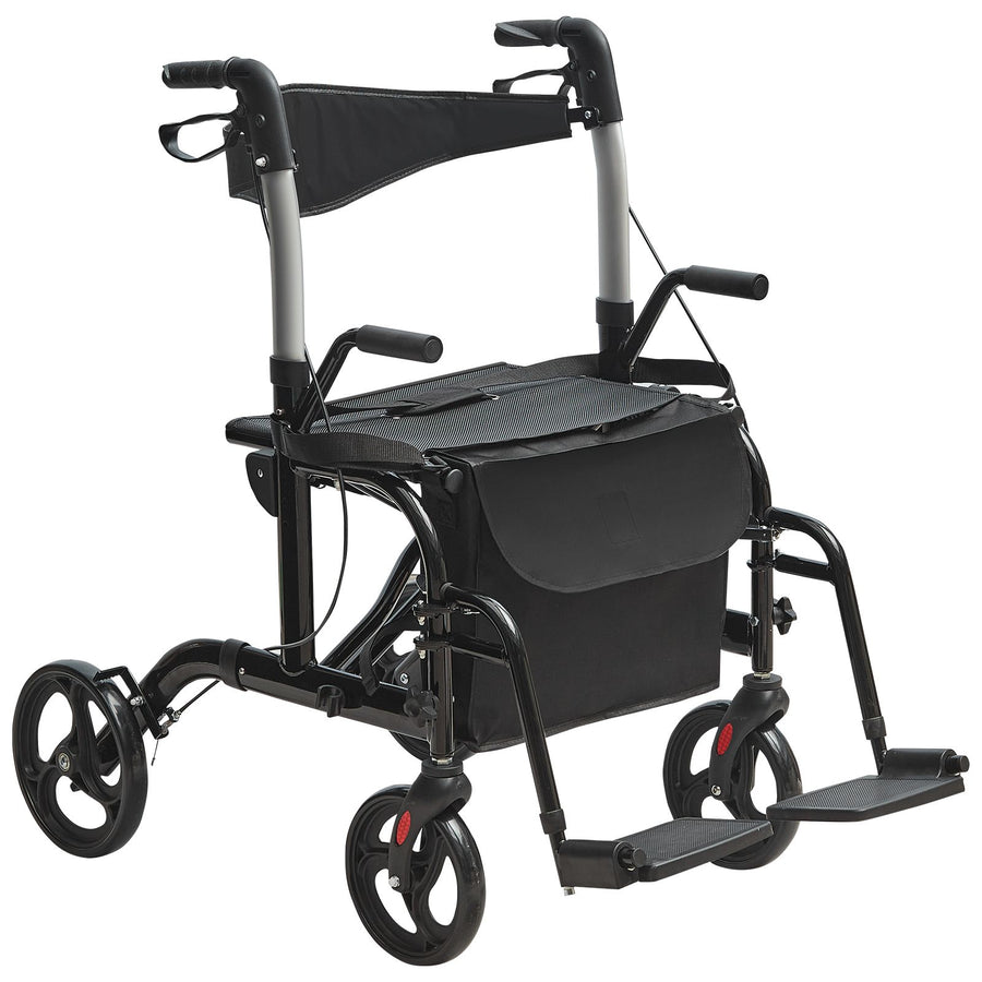 2 in 1 Rollator Walker & Transport Chair for Seniors, Folding Rolling Walker Wheelchair Combo & Footrests, Lightweight Aluminum Mobility Walker with Adjustable Handle, All Terrain Wheels, 136KG