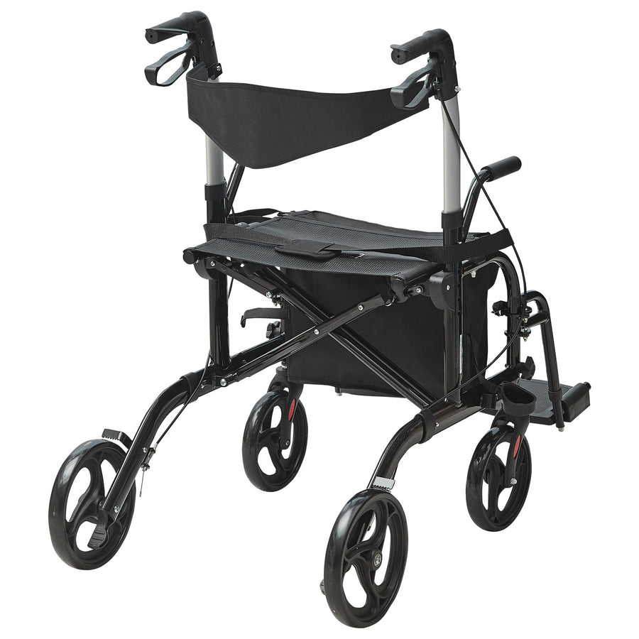 2 in 1 Rollator Walker & Transport Chair for Seniors, Folding Rolling Walker Wheelchair Combo & Footrests, Lightweight Aluminum Mobility Walker with Adjustable Handle, All Terrain Wheels, 136KG