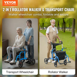 VEVOR 2 in 1 Rollator Walker & Transport Chair for Seniors, Folding Rolling Walker Wheelchair Combo & Footrests, Lightweight Aluminum Mobility Walker with Adjustable Handle, All Terrain Wheels, 136KG - Front View