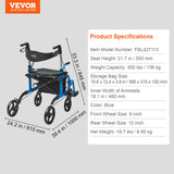 VEVOR 2 in 1 Rollator Walker & Transport Chair for Seniors, Folding Rolling Walker Wheelchair Combo & Footrests, Lightweight Aluminum Mobility Walker with Adjustable Handle, All Terrain Wheels, 136KG - Rear View