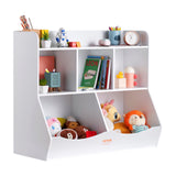 VEVOR Wood Kid Storage Cubby, Toy Storage Organizer with Bookshelf, 5-Cubby Wood Toy Storage Cabinet, Children Book Toy Shelf for Kids Room, Playroom, Kindergarten, Nursery, White - Low Angle