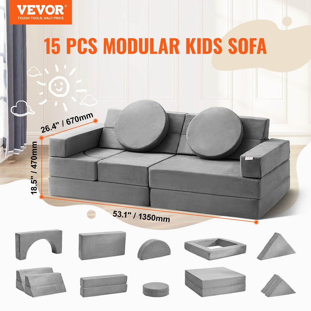 VEVOR Play Couch, 15pcs Modular Kids Nugget Couch, Toddler Foam Sofa Couch with High-density 25D Sponge for Playing, Creativing, Sleeping, Imaginative
