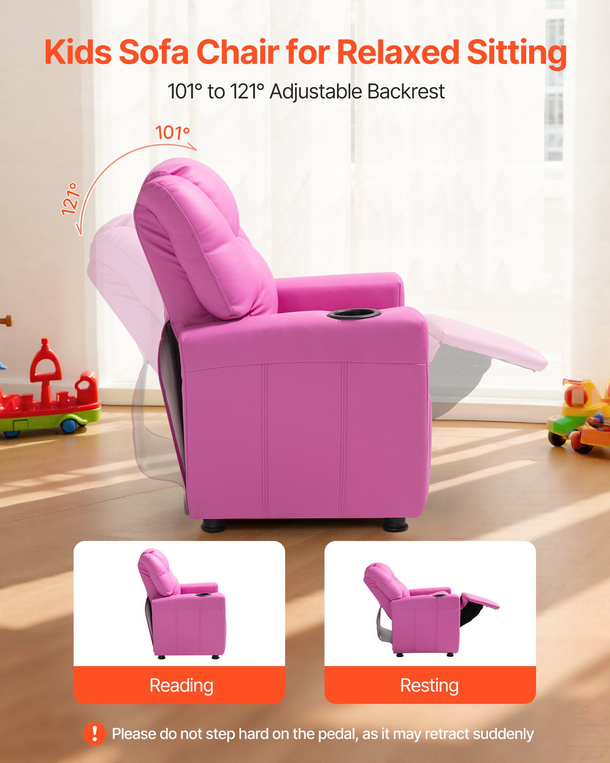 VEVOR Kids Reclining Chair PU Leather Toddler Recliner with Cup Holder (Pink)