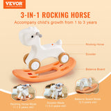 VEVOR 3 in 1 Rocking Horse for Toddlers 1-3 Years, Baby Rocking Horse with Detachable Balance Board and 4 Smooth Wheels, Support up to 80 lbs HDPE Material Kids Ride on Toy, Swinging, Orange - Front View