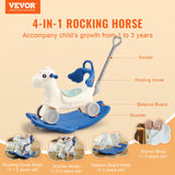 VEVOR 4 in 1 Rocking Horse for Toddlers 1-3 Years, Baby Rocking Horse with Detachable Balance Board, Push Handle and 4 Smooth Wheels, Support up to 80 lbs HDPE Kids Ride on Toy with Sound, Blue - Front View