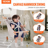 VEVOR Canvas Hammock Swing, 3 Modes Baby Swing Indoor and Outdoor with 5-Point Harness,  and Tree Straps, 150lbs Weight Capacity, Integrated Cushion, Wooden Hanging Swing Seat for Baby to Toddler - Front View