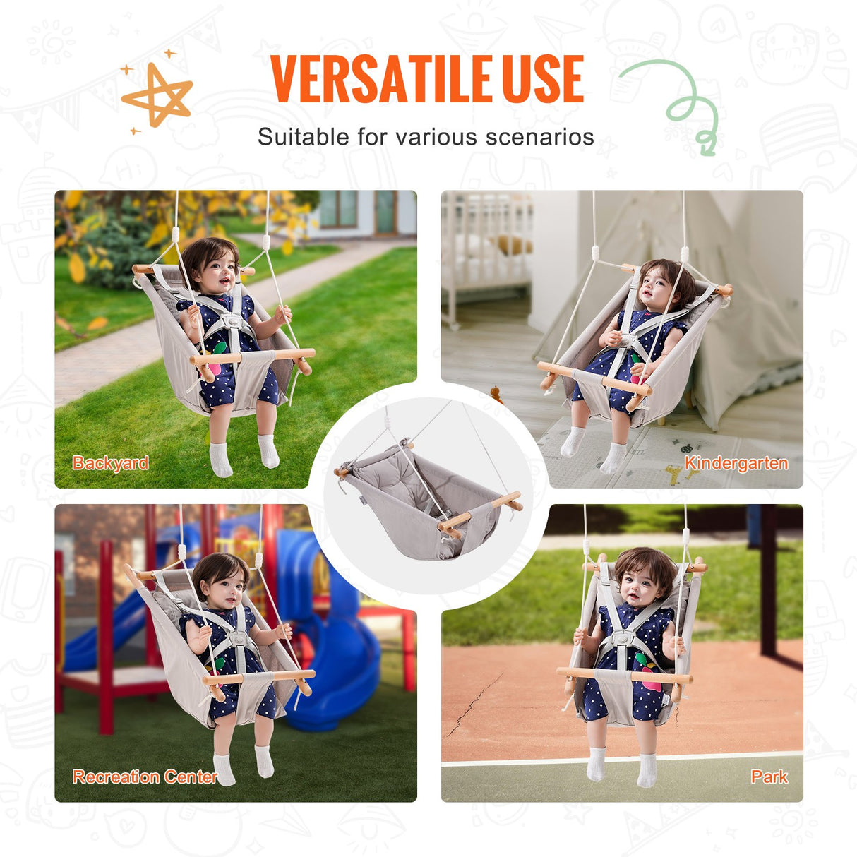 Canvas Hammock Swing, 3 Modes Baby Swing Indoor and Outdoor with 5-Point Harness, and Tree Straps, 150lbs Weight Capacity, Integrated Cushion, Wooden Hanging Swing Seat for Baby to Toddler