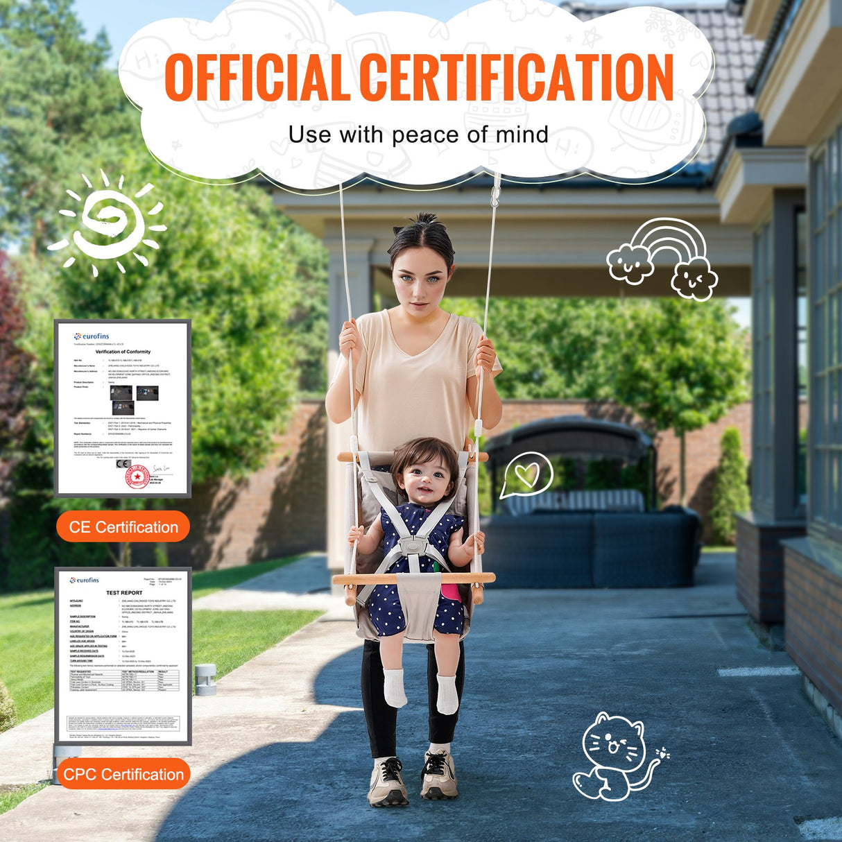 VEVOR Canvas Hammock Swing, 3 Modes Baby Swing Indoor and Outdoor with 5-Point Harness,  and Tree Straps, 150lbs Weight Capacity, Integrated Cushion, Wooden Hanging Swing Seat for Baby to Toddler