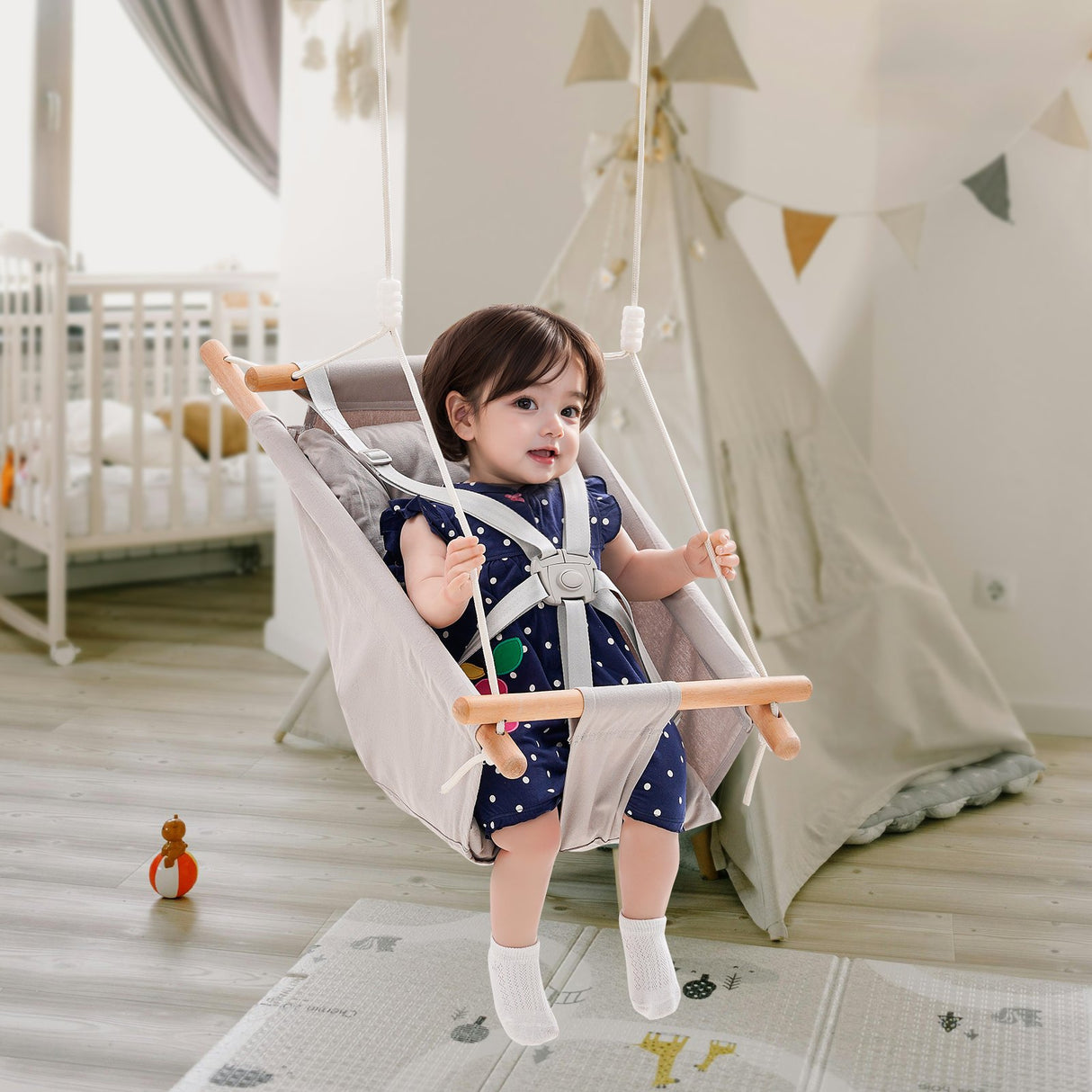 VEVOR Canvas Hammock Swing, 3 Modes Baby Swing Indoor and Outdoor with 5-Point Harness,  and Tree Straps, 150lbs Weight Capacity, Integrated Cushion, Wooden Hanging Swing Seat for Baby to Toddler
