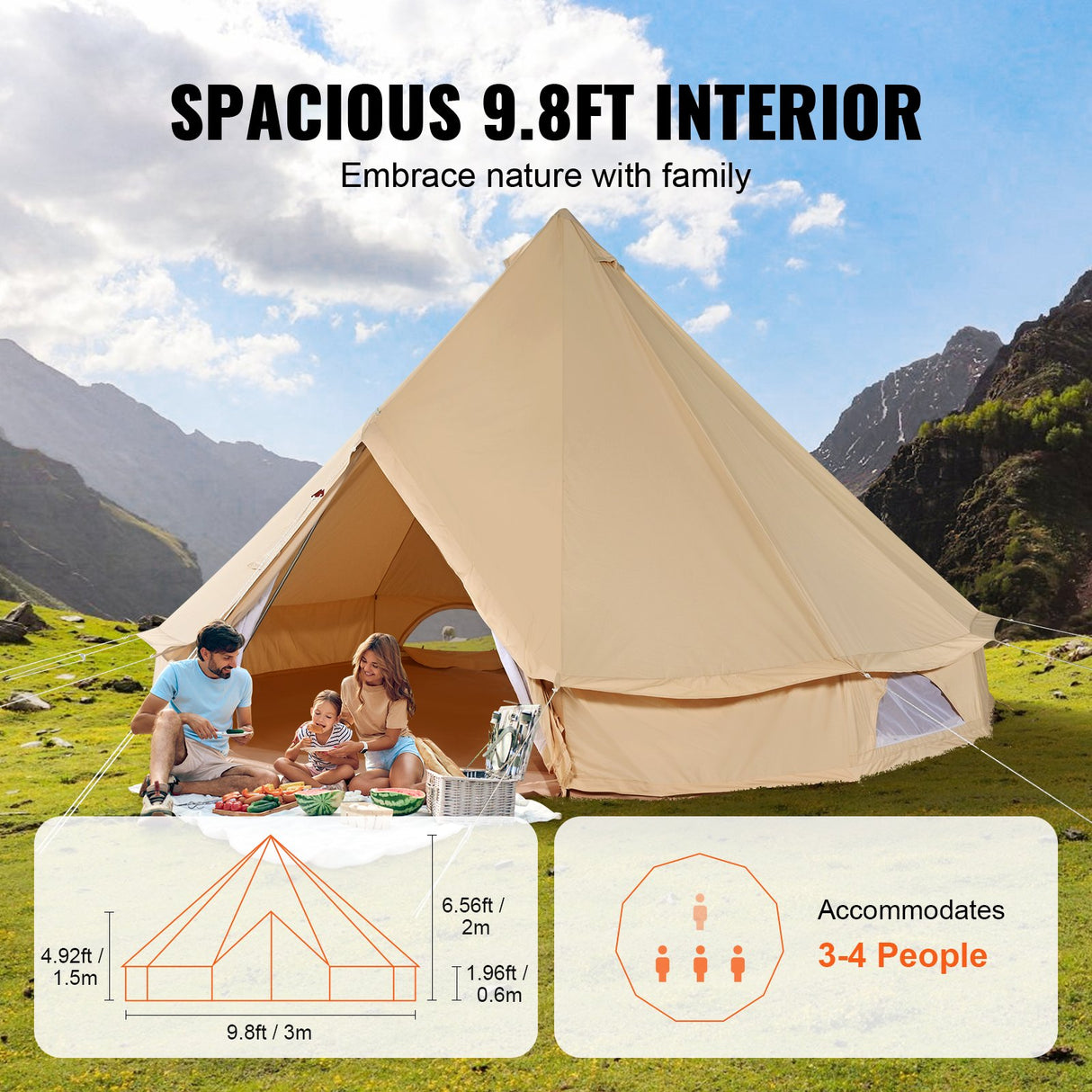 VEVOR Canvas Bell Tent 3m/9.8ft 4-Season Canvas Tent for Camping with Stove Jack
