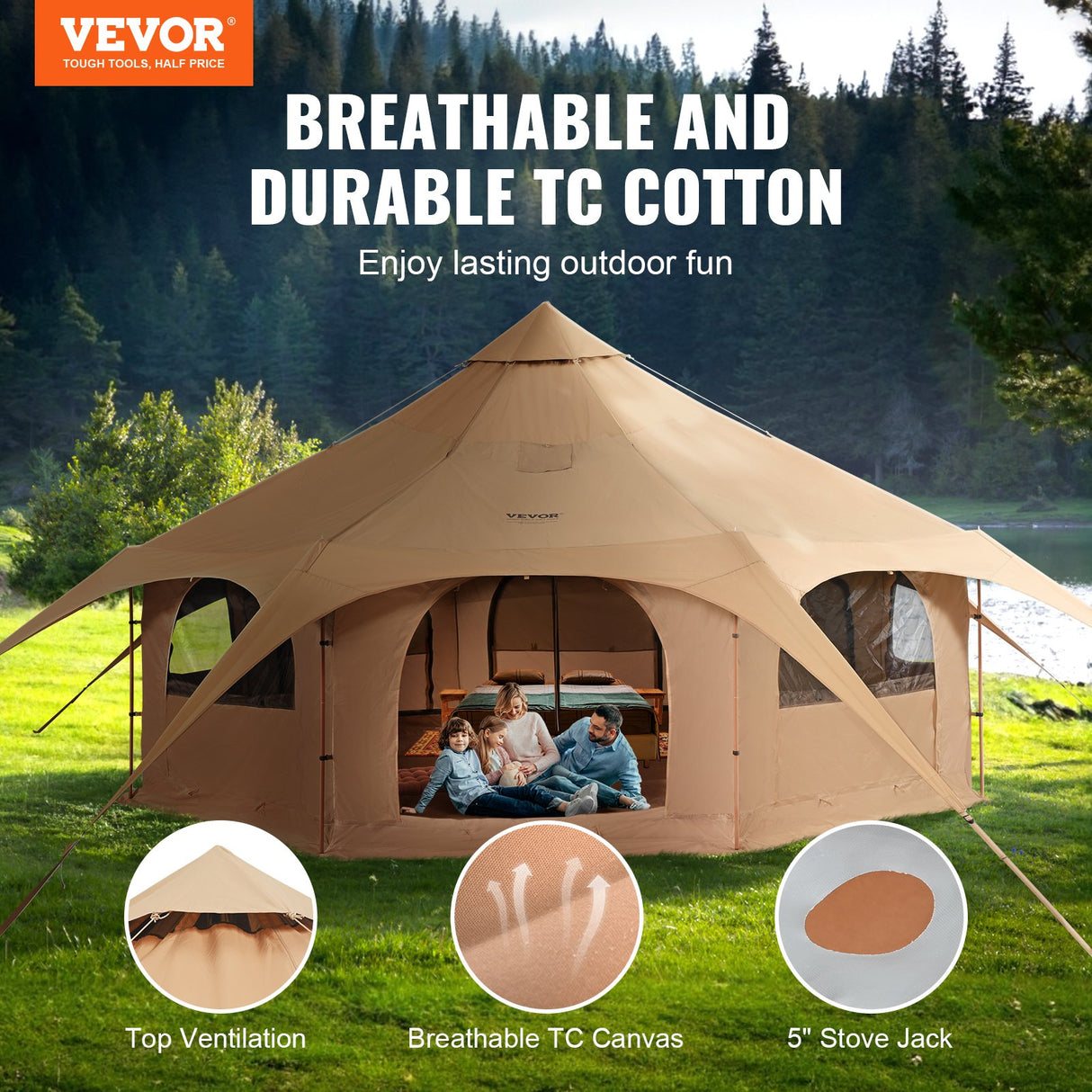 VEVOR Canvas Tent 4 Seasons 5 m/16.4 ft Bell Tent for Camping with Stove Jack