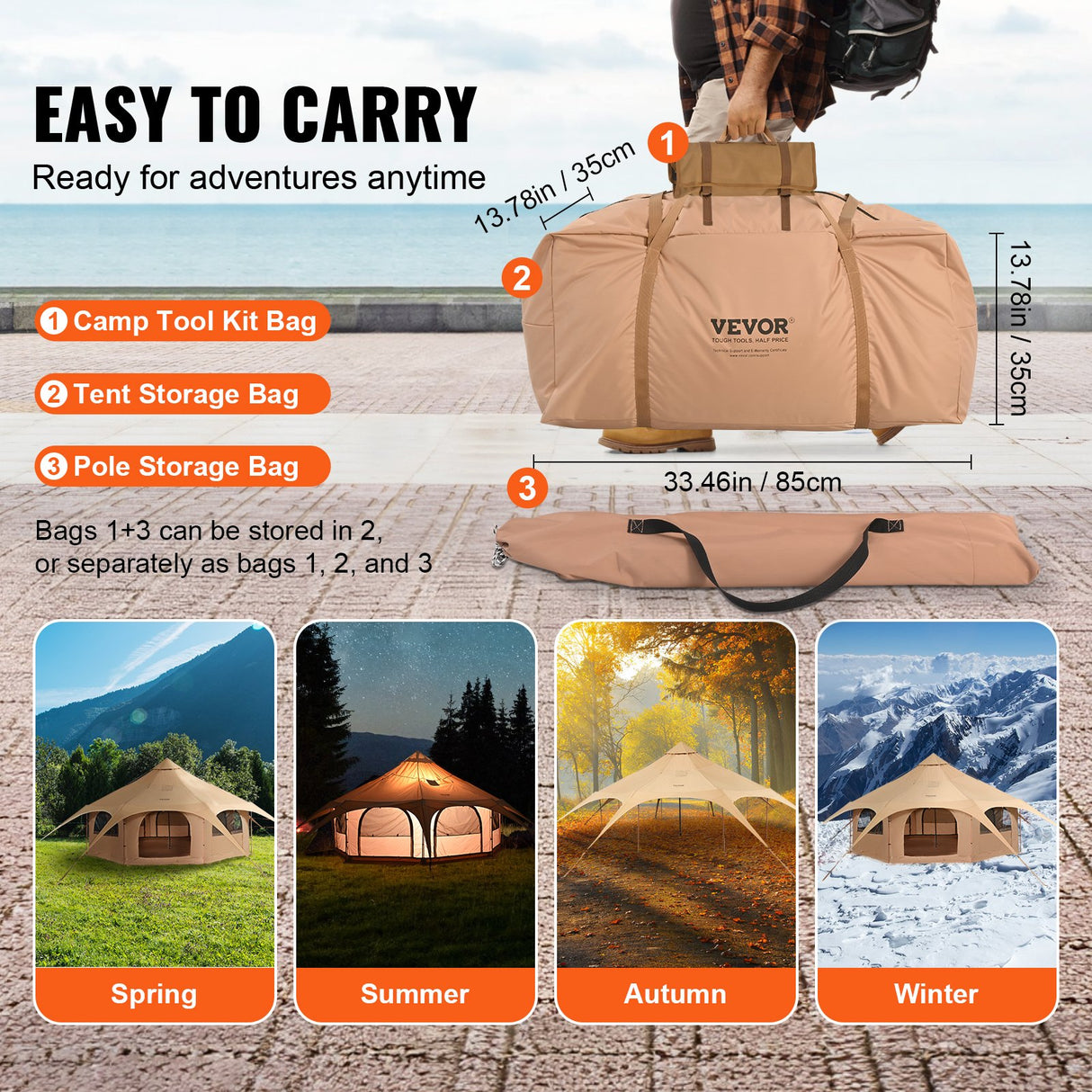 VEVOR Canvas Tent 4 Seasons 5 m/16.4 ft Bell Tent for Camping with Stove Jack